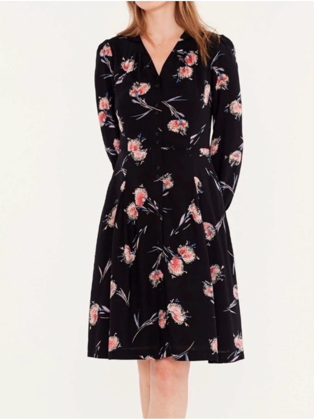 Black Floral Long-Sleeve Buttoned A-Line Dress Emily and Fin Elspeth